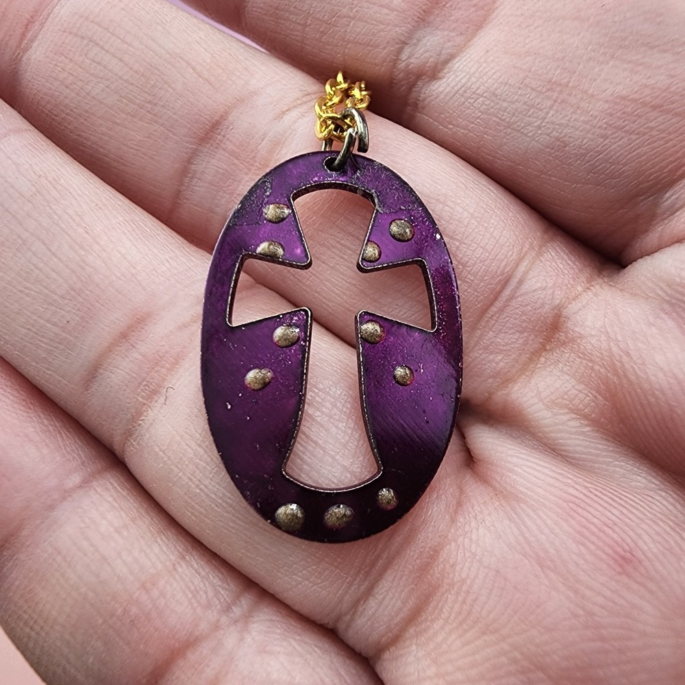 Purple Enamel Cross Pendant Necklace Gold Tone Cutout Christian Gothic Jewelry
